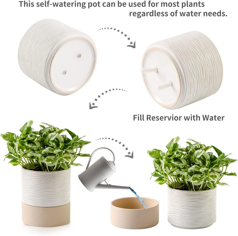 Nihow Self Watering Plant Pot: 6 Inch Ceramic Planter with Drainage Hole & Water Storage Plus for