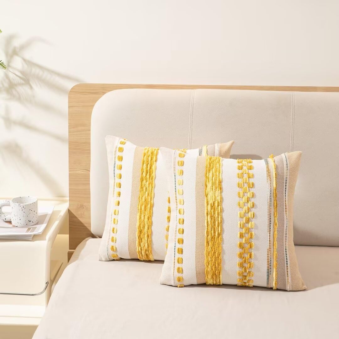 Boho Throw Pillow Covers 18x18 Set of 2 Farmhouse Decorative Cushion Case Striped Square Pillows