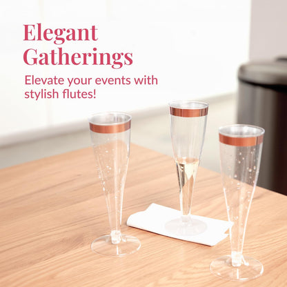 Prestee Set of 24 Plastic Champagne Flutes with Rose Gold Rim - 4.5 oz - Shatterproof Disposable