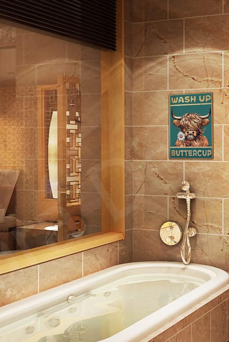 ALKB Highland Cow Sign Bathroom Wall Cow Painting for Western & Highland Cow Lovers - Funny Wash Up