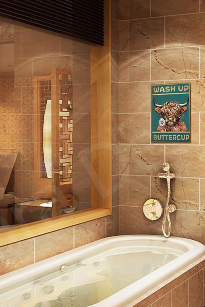 ALKB Highland Cow Sign Bathroom Wall Cow Painting for Western & Highland Cow Lovers - Funny Wash Up