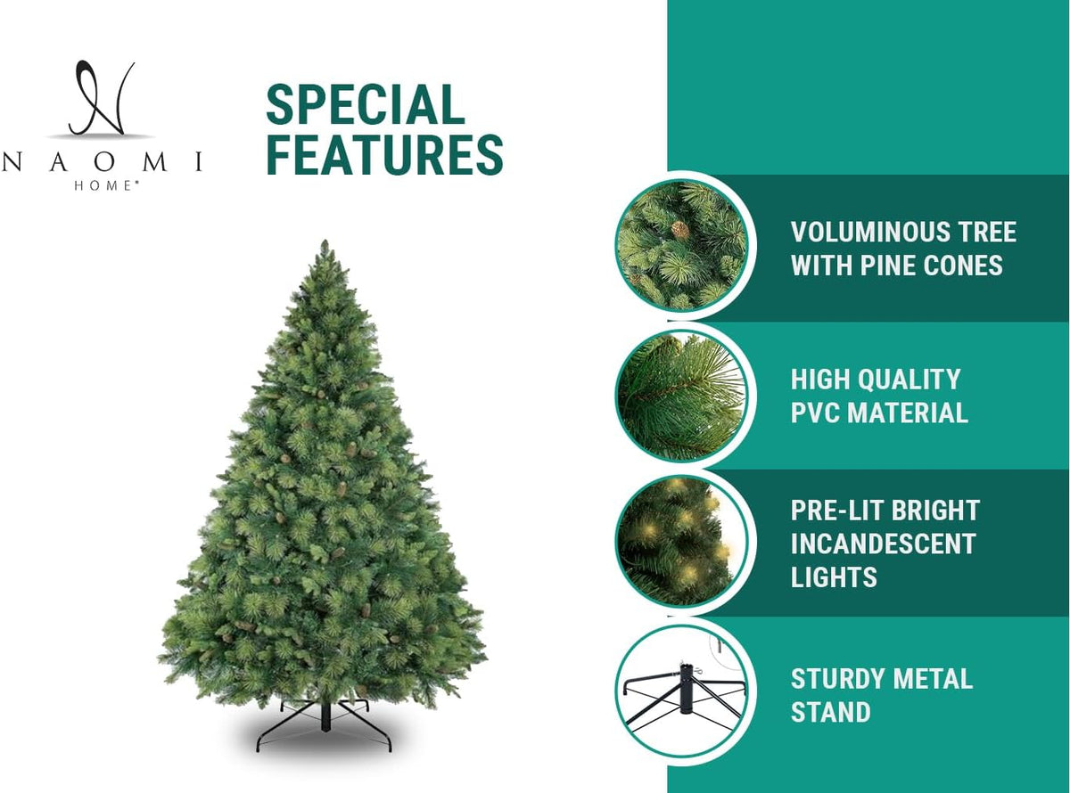 Naomi Home 7.5ft Christmas Tree with Lights, Realistic Traditional Prelit with Pine Cones, Foot