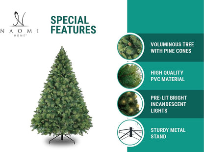 Naomi Home 7.5ft Christmas Tree with Lights, Realistic Traditional Prelit with Pine Cones, Foot