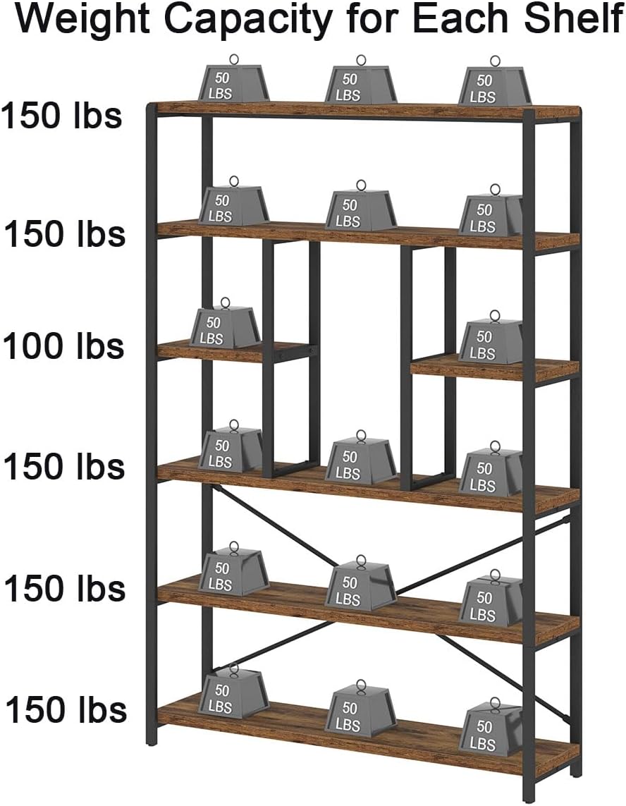 LVB Rustic Bookcases and Book Shelves, Metal Wood 6 Tier Bookshelf and Book Rack Storage
