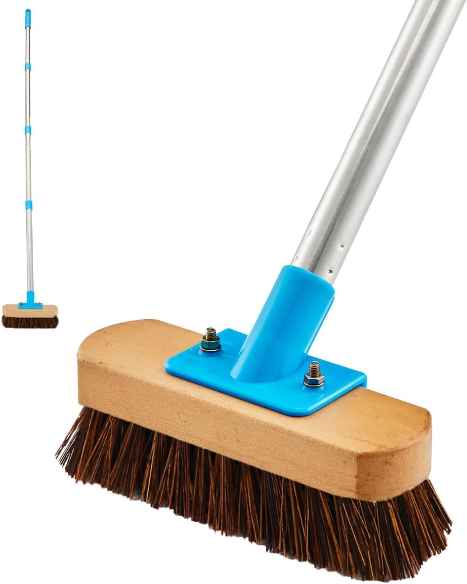 Heavy Duty Deck Brush with Long Handle - 60" Floor Scrub Brush with Stiff Natural Palmyra Bristles