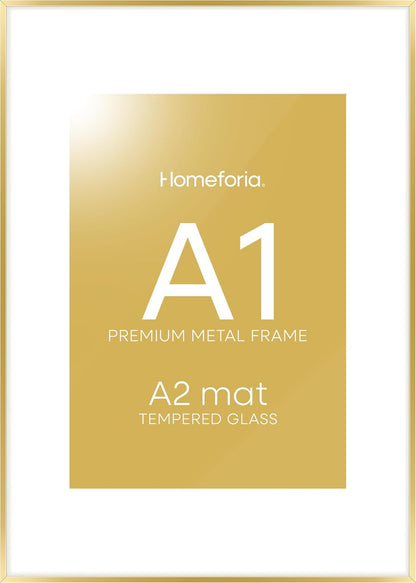 Homeforia A1 Poster Frame Gold, High End Metal 23.4 x 33.1 inches Large Picture Frames with Mat