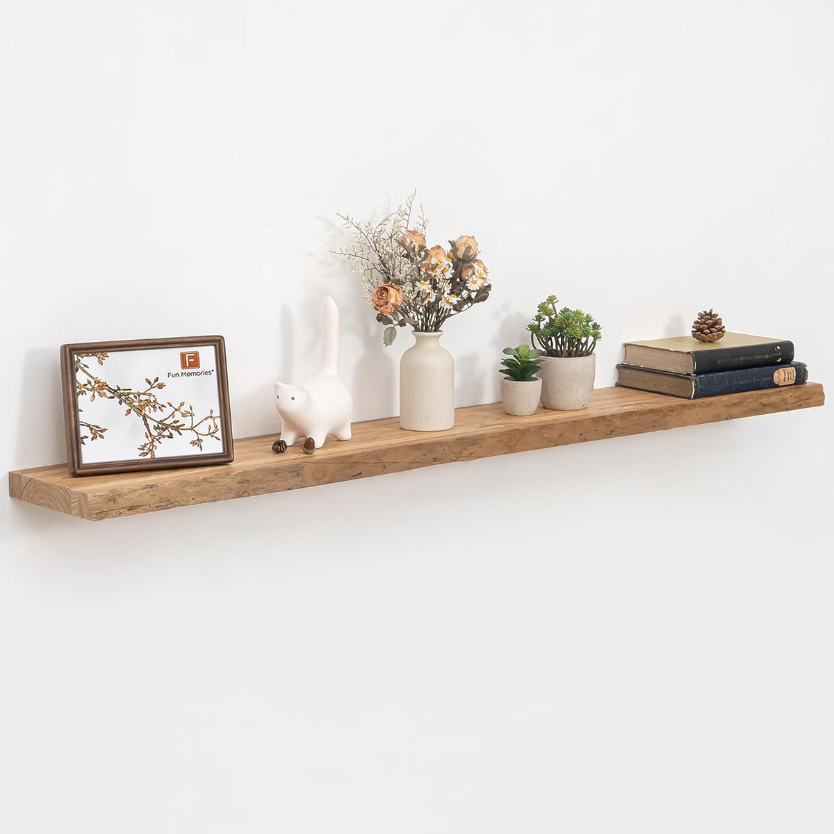 55 Inch Floating Shelves, Rustic Live Edge Elm Wood Shelves for Wall, Heavy-Duty Long Floating