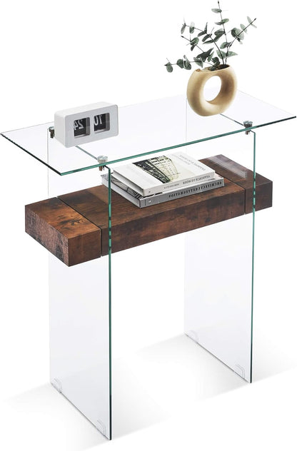 ivinta Narrow Glass Console Table with Storage, 31.5'' Rustic Entryway Table with Storage Shelves