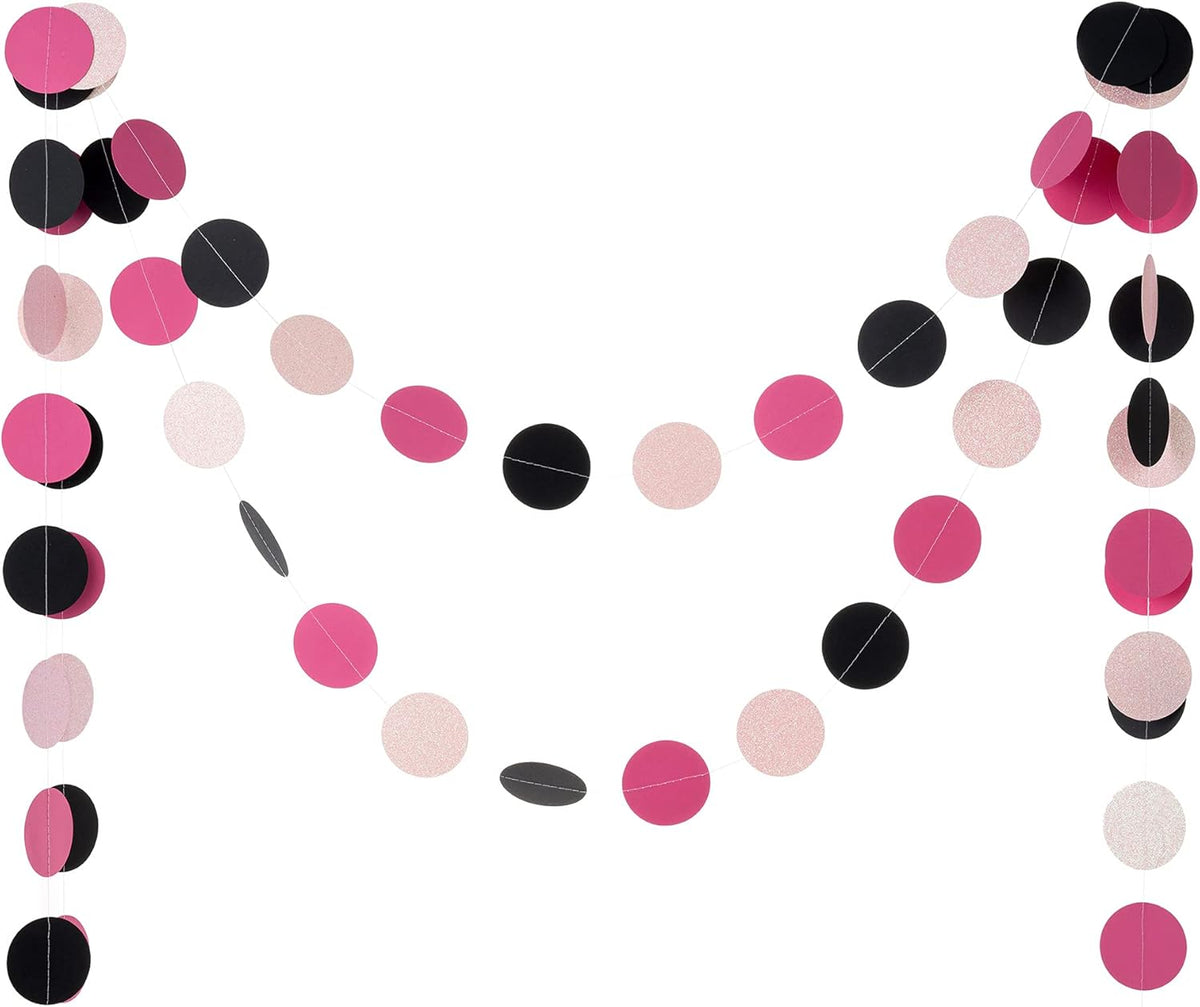 WEVEN Hot Pink Black Iridescent Glitter Paper Garland Circle Dot Streamers Party Banner for