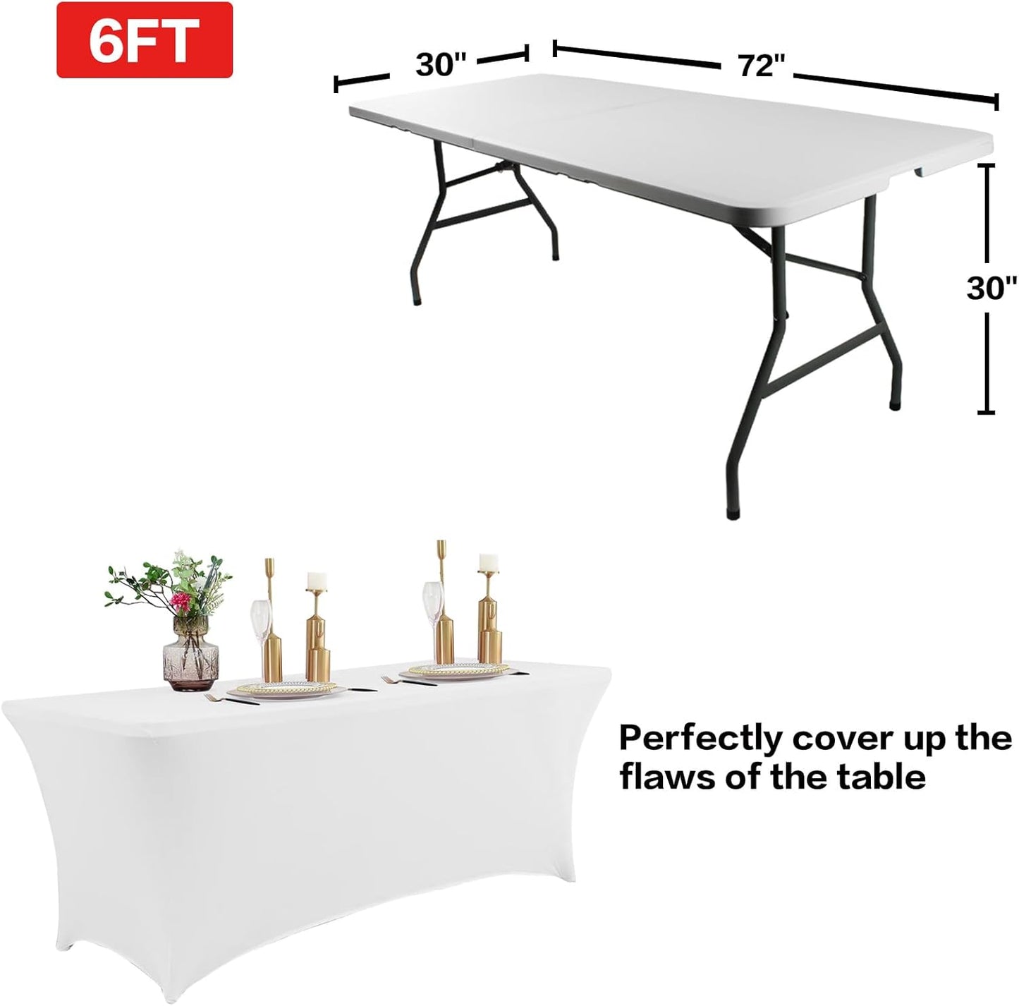IVAPUPU 6FT Spring Table Cloth for Rectangular Fitted Events Stretch White Table Covers Washable