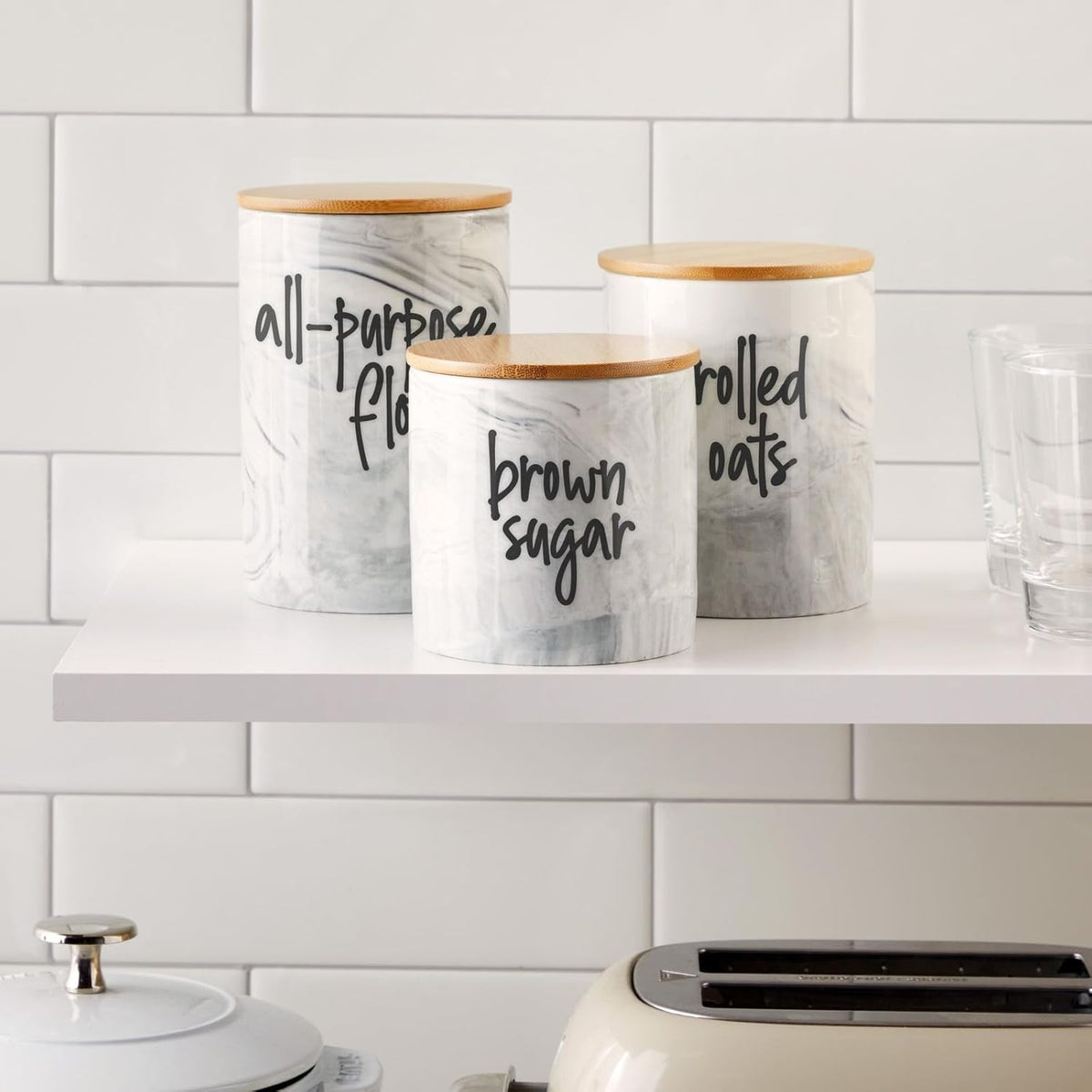 Farmlyn Creek Sugar & Coffee Container Set 3-Piece - White Marble Finish Ceramic Jar Set - Airtight