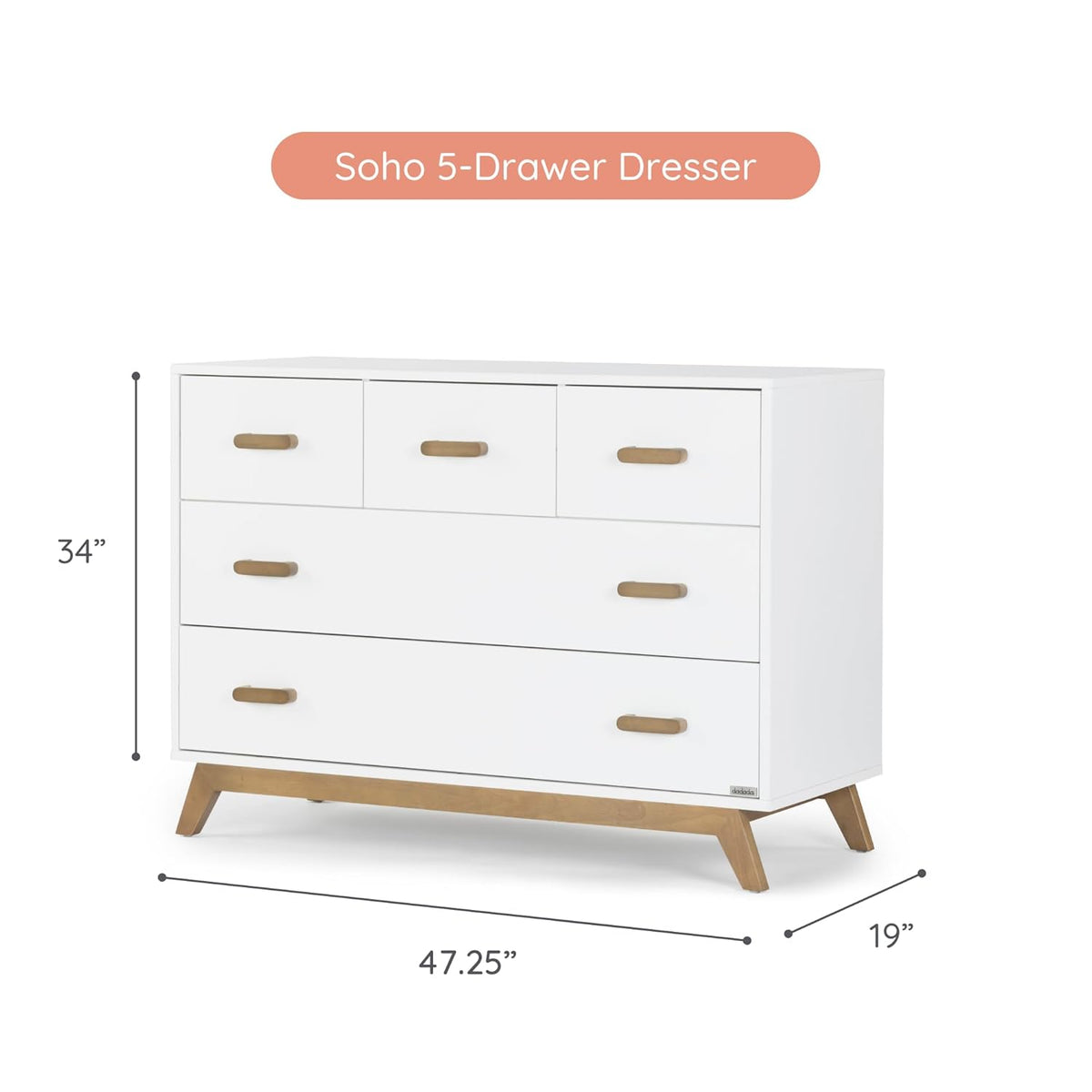 dadada Soho 5-Drawer Dresser for Nursery and Bedroom - Modern Design, Large Storage, Baby-Safe