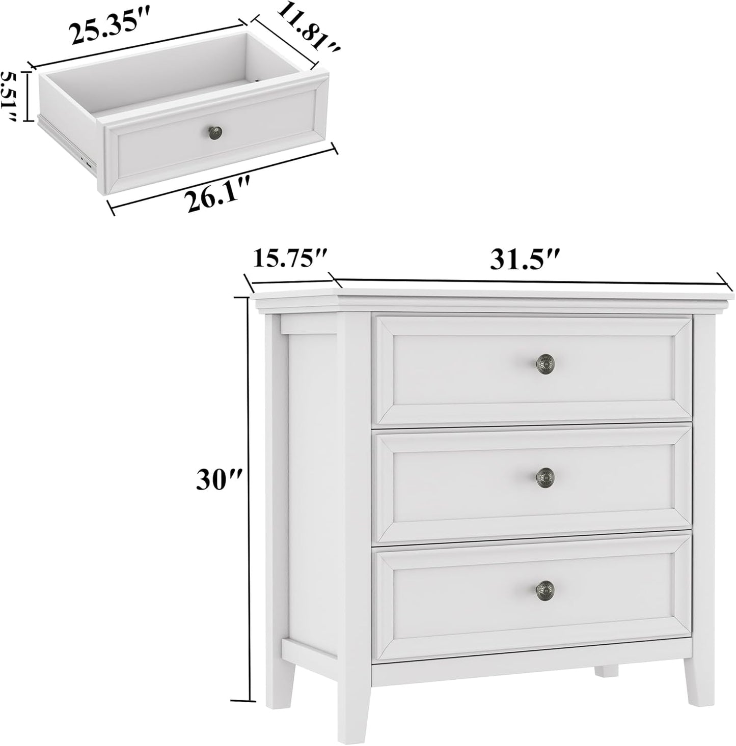 BLANKSPACE White Dresser, 3 Chest Drawer Dresser for Bedroom, Large Capacity Nightstand, Modern