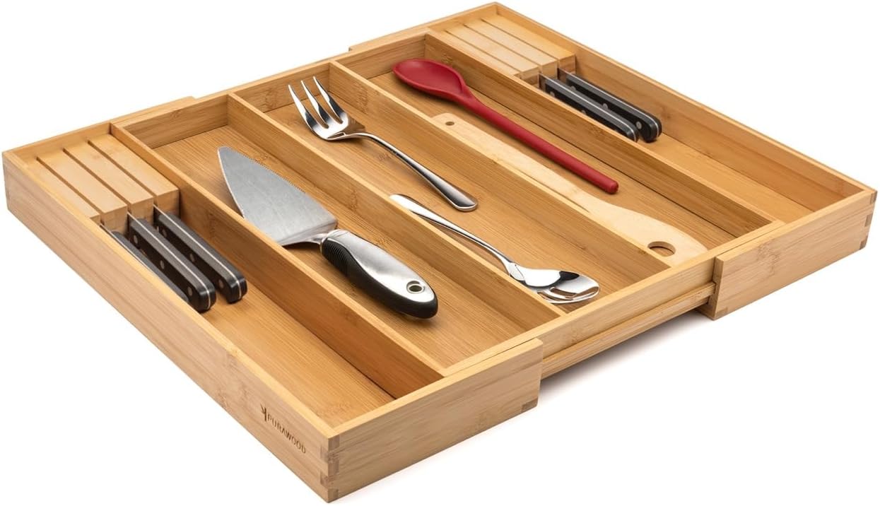 Purawood Kitchen Drawer Organizer with Knife Blocks - Utensil Drawer Organizer for Kitchen, Cutlery
