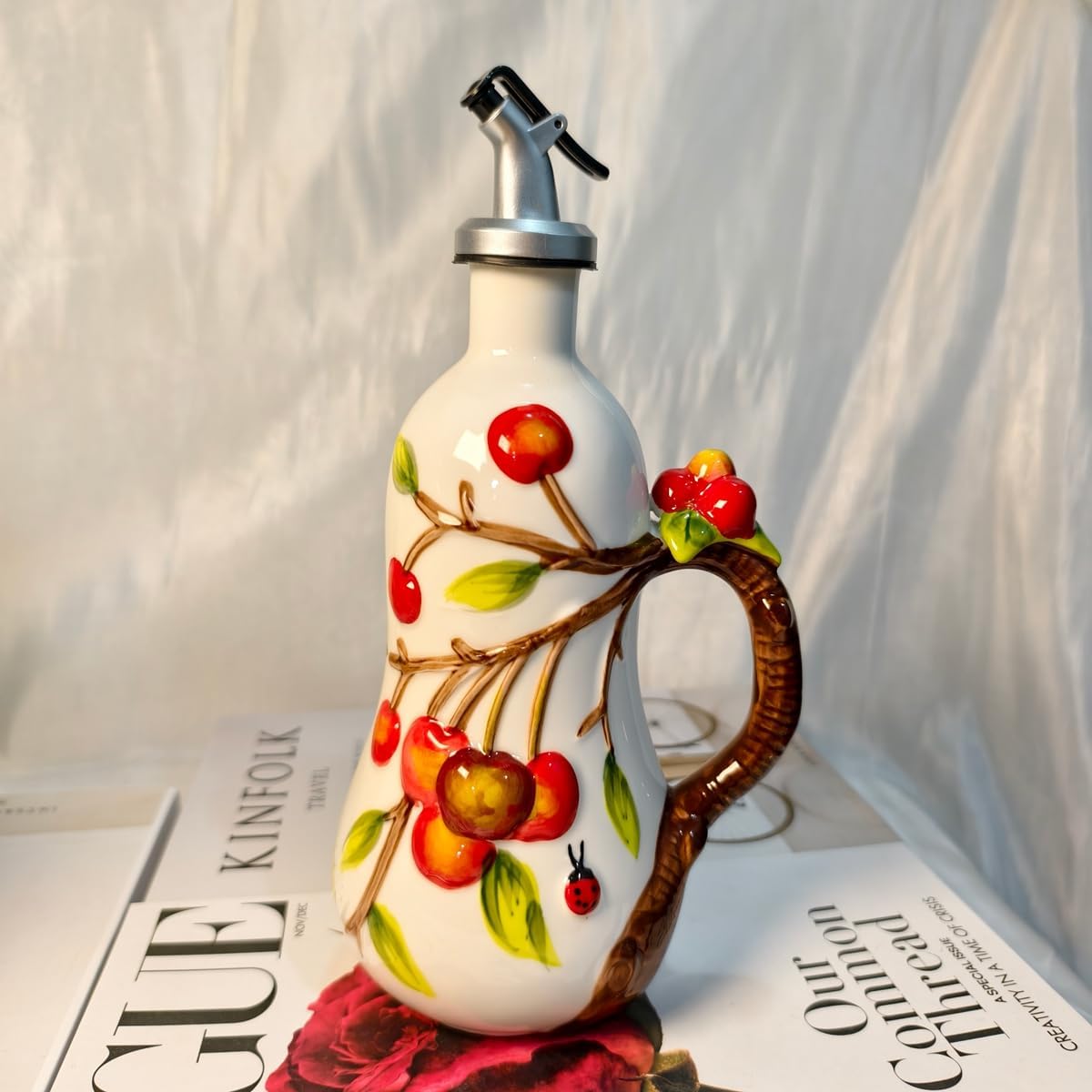 18 Oz Hand Painted Relief Ceramic Olive Oil Bottle Dispenser for Kitchen, Oil and Vinegar Bottle