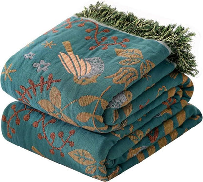 Boho Throw Blanket for Bed 80”x90”, 100% Cotton Woven Blanket for Couch Sofa, Ultra Soft 4-Layer