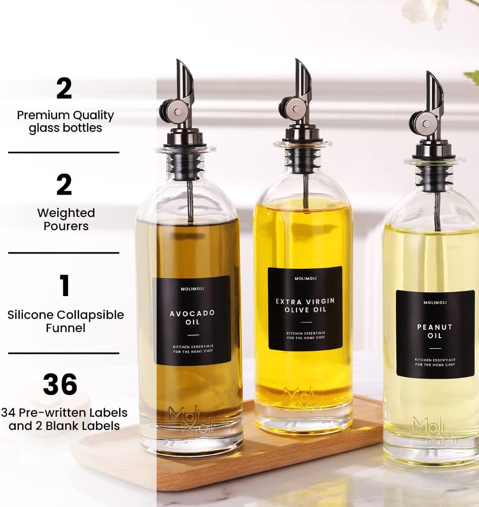 Molimoli Oil and Vinegar Dispenser with Metal Pour Spout, Weighted Pourer, Glass Bottle Dispenser