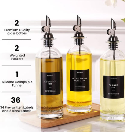 Molimoli Oil and Vinegar Dispenser with Metal Pour Spout, Weighted Pourer, Glass Bottle Dispenser