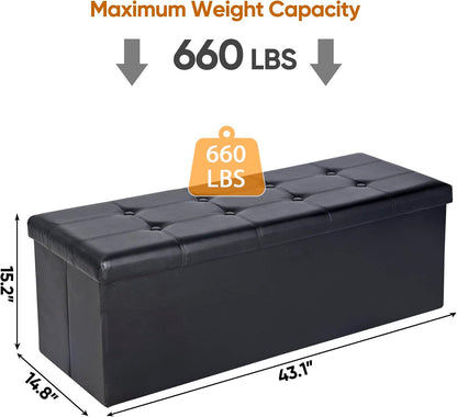SUPER DEAL 43 Inch Folding Storage Ottoman Bench, Faux Leather Storage Chest Shoes Bench with