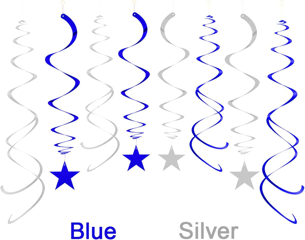 Party Star Swirl Decorations, Blue and Silver Foil Ceiling Hanging Star Swirl Decorations, Whirls
