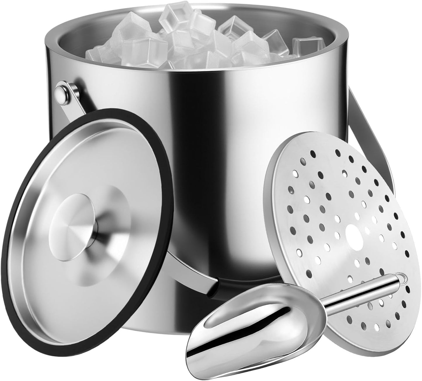 meekoo 3 L Double Wall Insulated Stainless Steel Ice Bucket with Lid, Scoop, Strainer, Handle Large