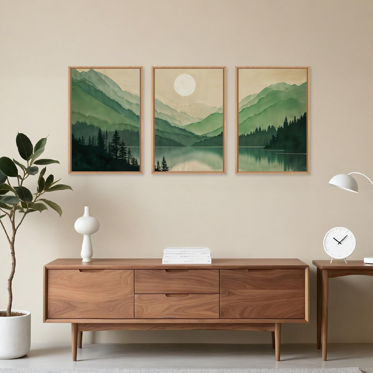 Celestdeco Watercolor Mountains Framed Canvas Wall Art Set, Boho Sun Forests Wall Decor, Green
