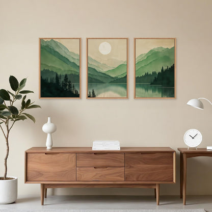 Celestdeco Watercolor Mountains Framed Canvas Wall Art Set, Boho Sun Forests Wall Decor, Green