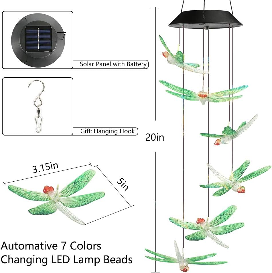 Toodour Solar Wind Chimes Outdoor, Color Changing Solar Lights Dragonfly, Gifts for Mom Grandma