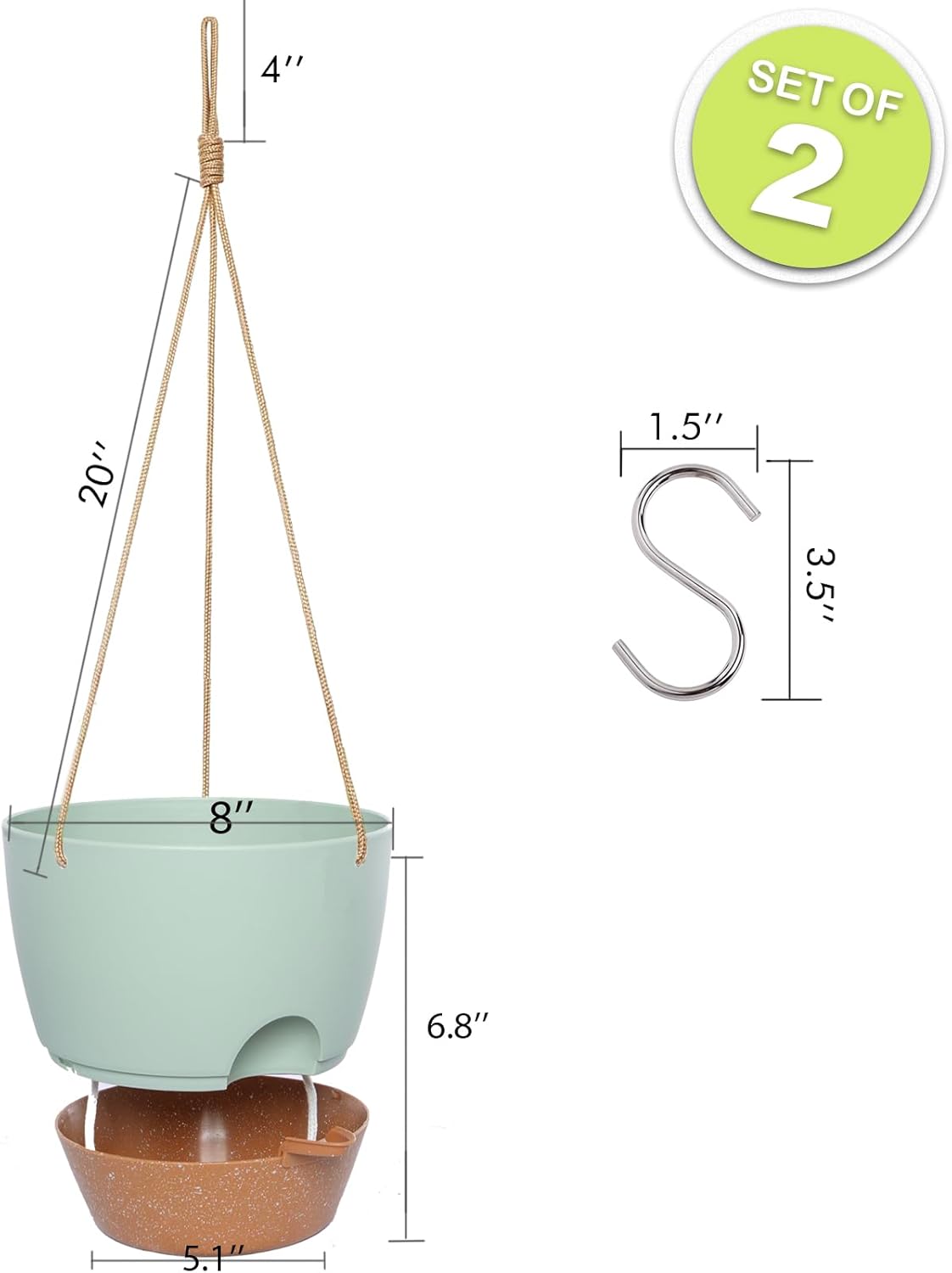 8 inch Hanging Planters, 2 Pack Self Watering Hanging Pots with 20oZ Deep Reservoir for Indoor