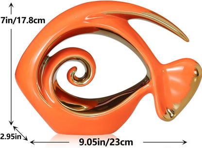 Orange Gold Ceramic Fish Figurines - Coastal Home Decor, Modern Ocean Centerpieces for Living Room
