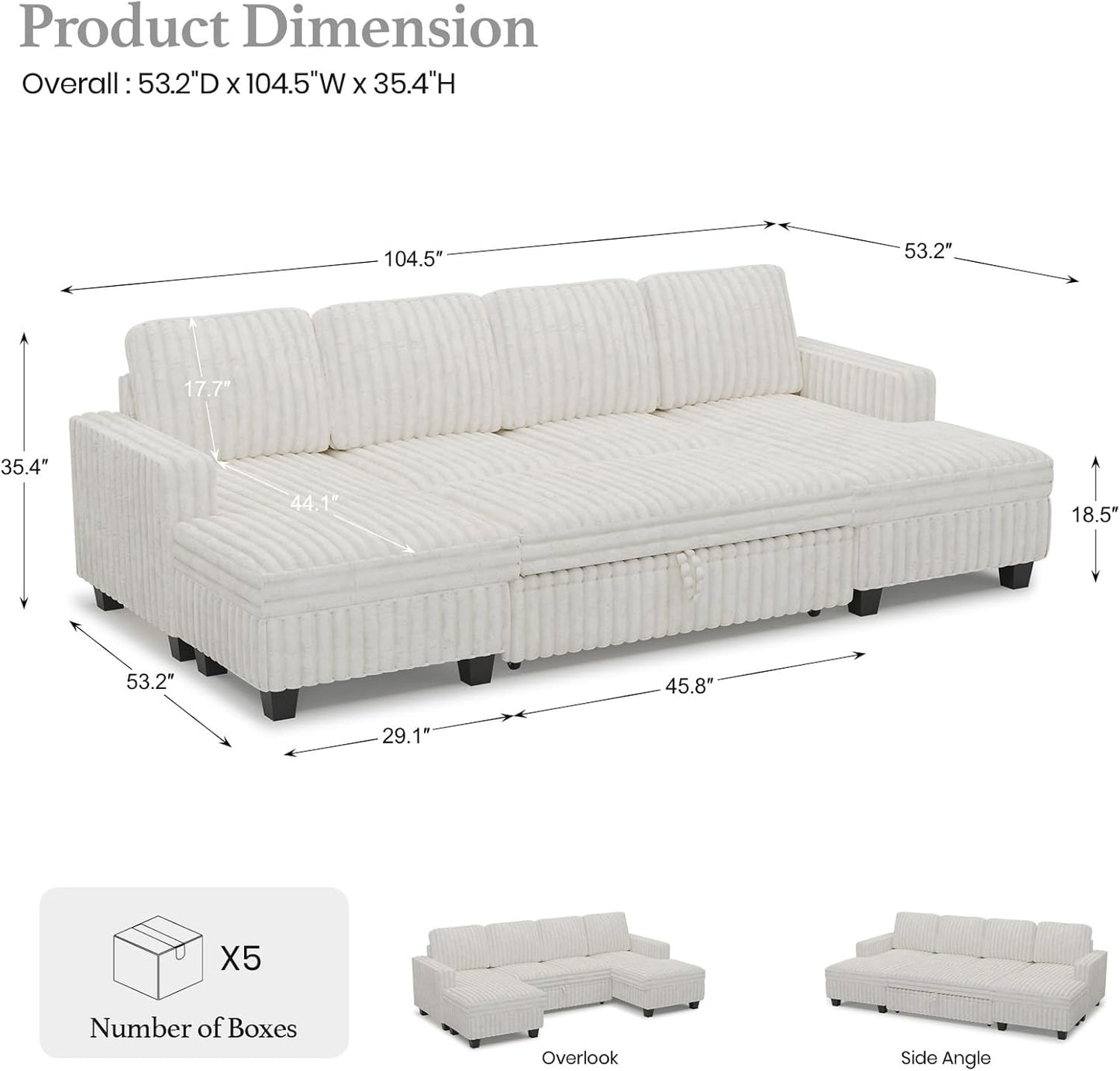Belffin Modular Sectional Sleeper Sofa with Pull Out Couch Bed Corduroy Double Chaise with Storage