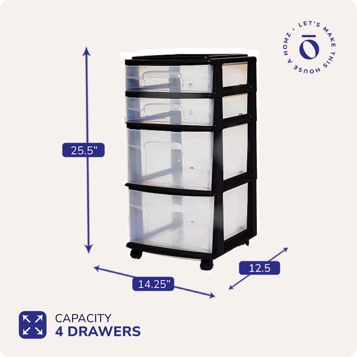 HOMZ Drawer Tower, 4-Tier Clear Plastic Storage Organizer Cart, Black Frame - Rolling Drawers with