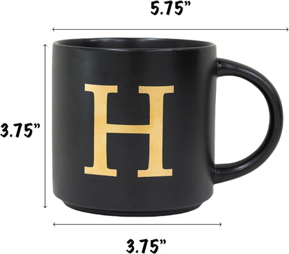 COLLECTIVE HOME - Monogram Ceramic Mugs, 15 oz Golden Initial Black Coffee Cups, Elegant Alphabet