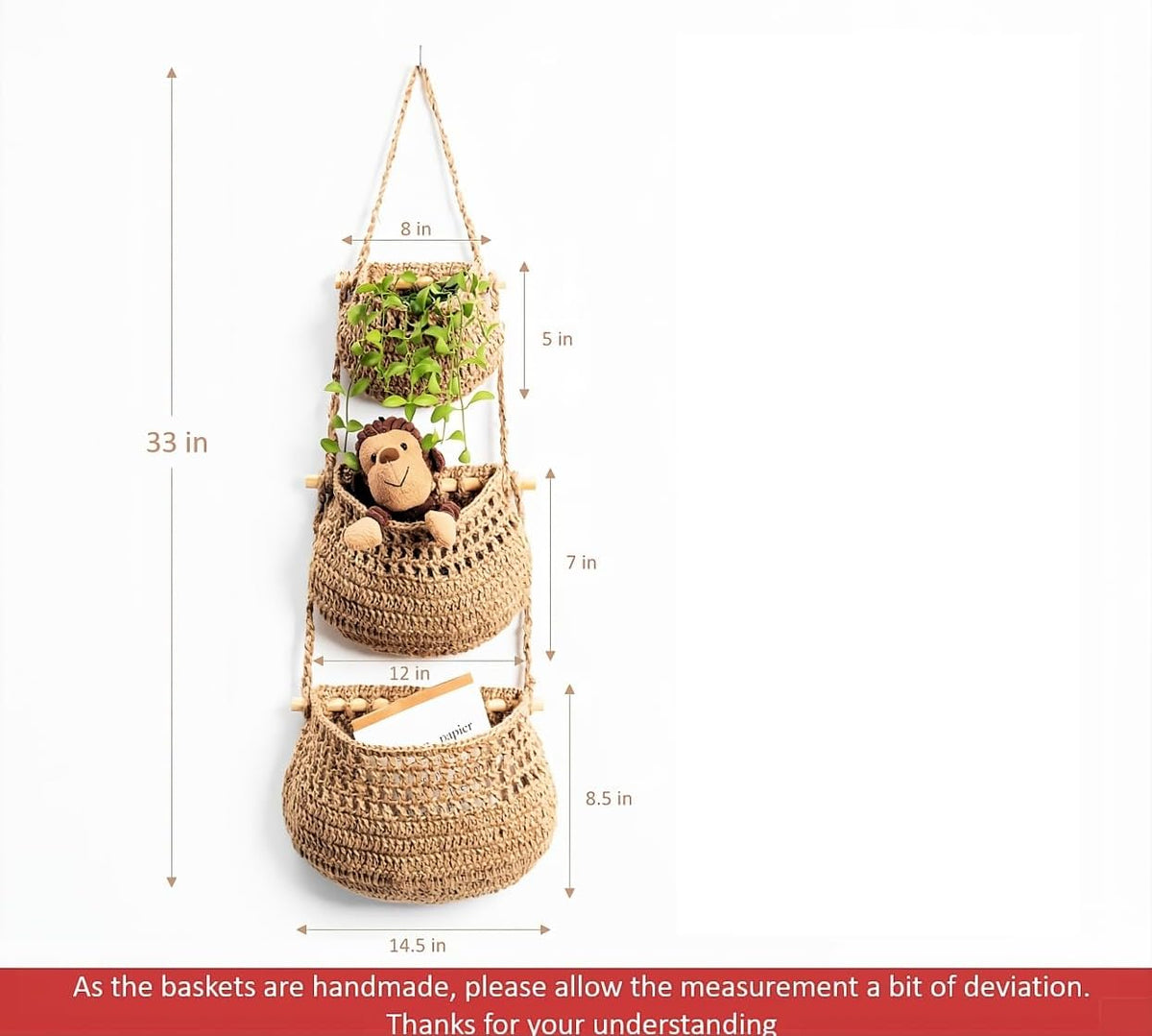 Hanging Fruit Basket, 3 Tier Woven Jute Wall Hanging Basket for Organizing, Hanging Produce Basket