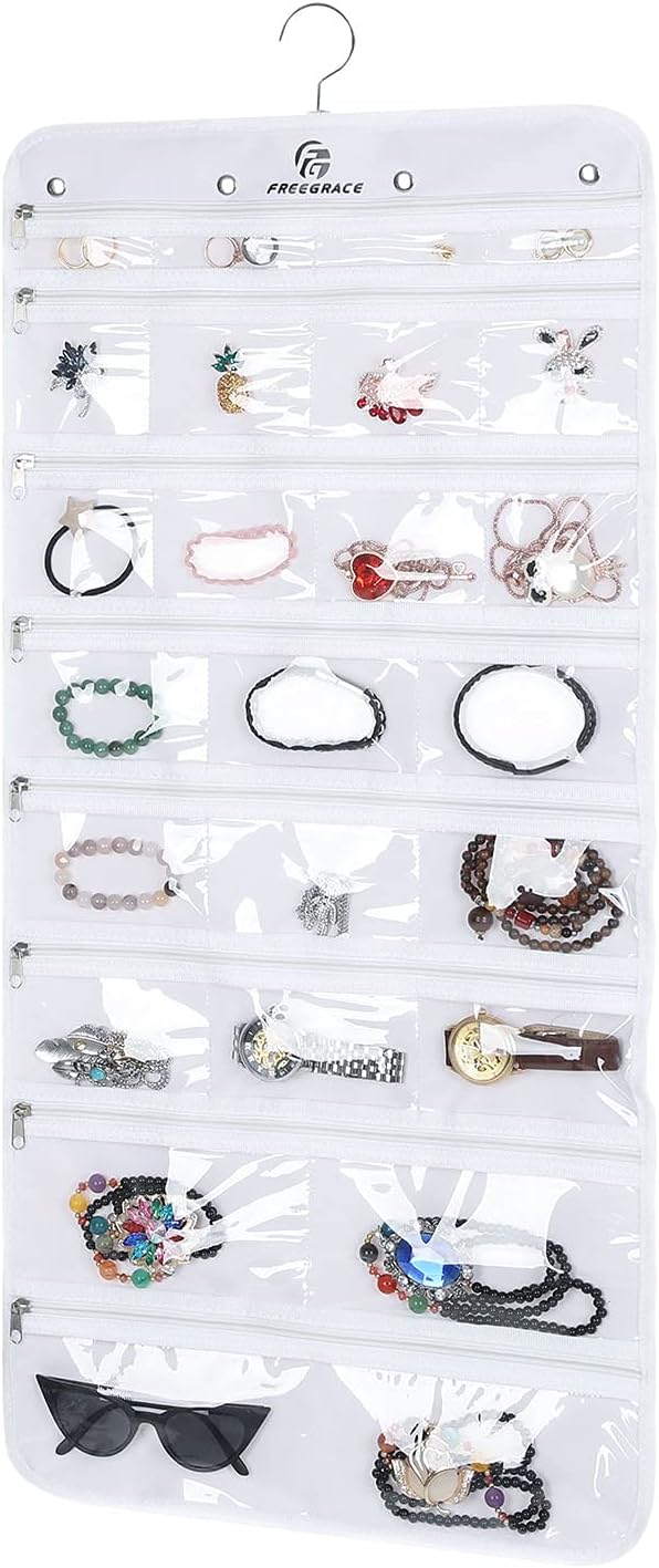 Freegrace Hanging Jewelry Organizer Revolving Hanger - Secure Zipper Closure - 50 Pockets