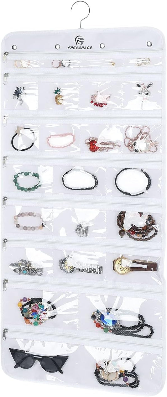 Freegrace Hanging Jewelry Organizer Revolving Hanger - Secure Zipper Closure - 50 Pockets