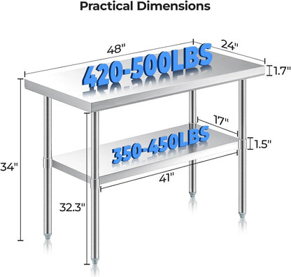 NUUK Stainless Steel Worktable 24 x 48 Inch Heavy Duty Commercial Workstation Adjustable Height