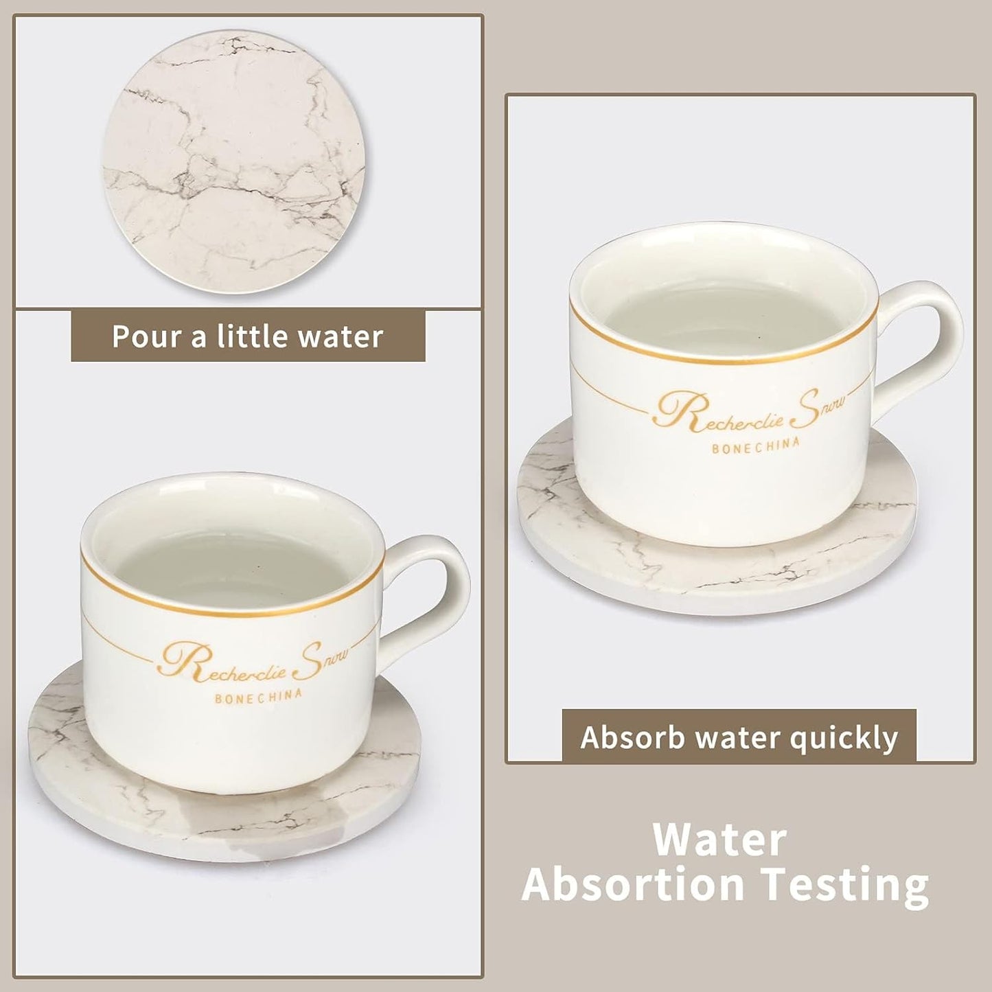 6 Pack White Marble Coaster Set with Holder Absorbent Drink Coasters Ceramic Cute Coaster Bar