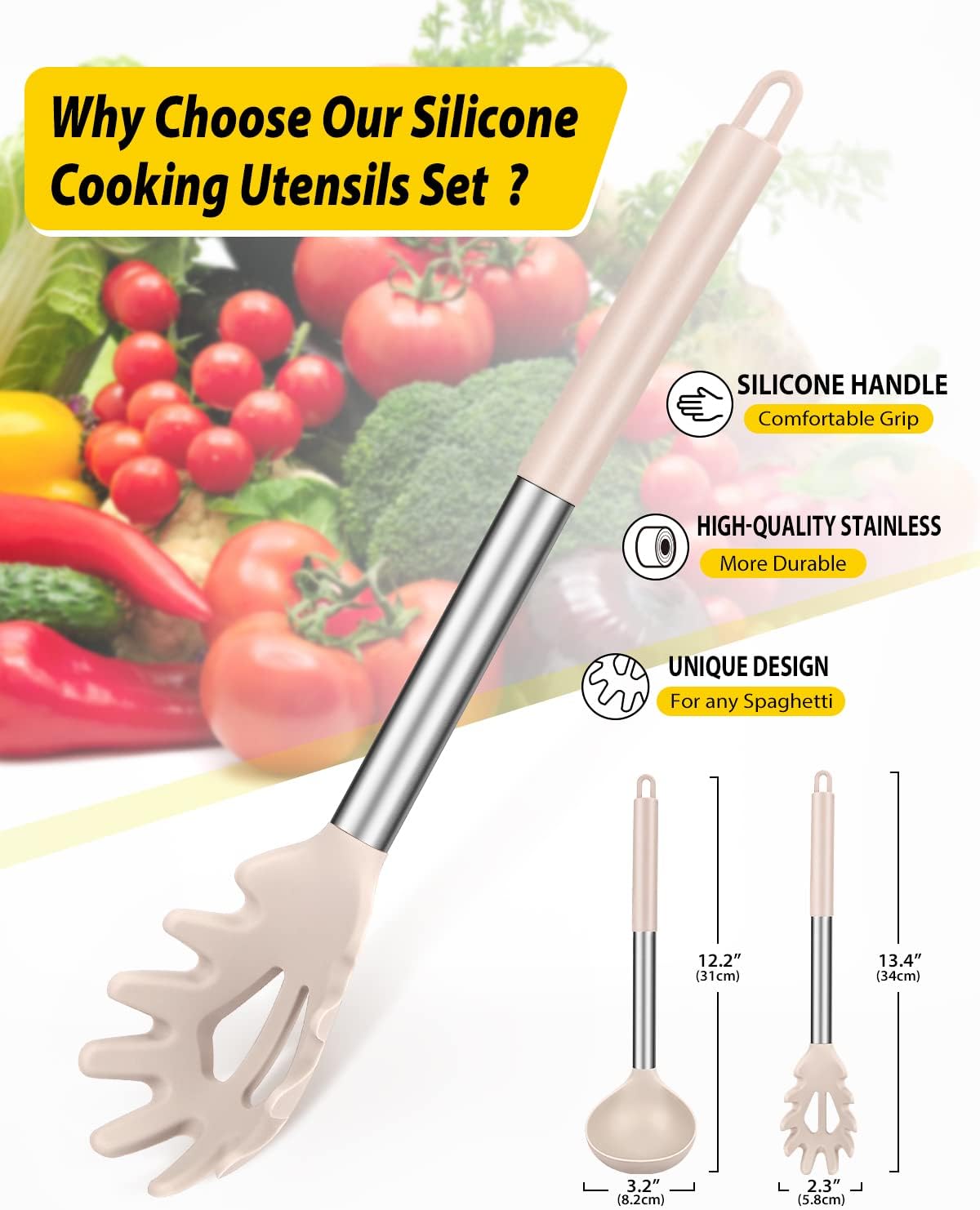 Silicone Pasta Fork and Ladle Spoon Set, Large Non Stick Kitchen Utensils for