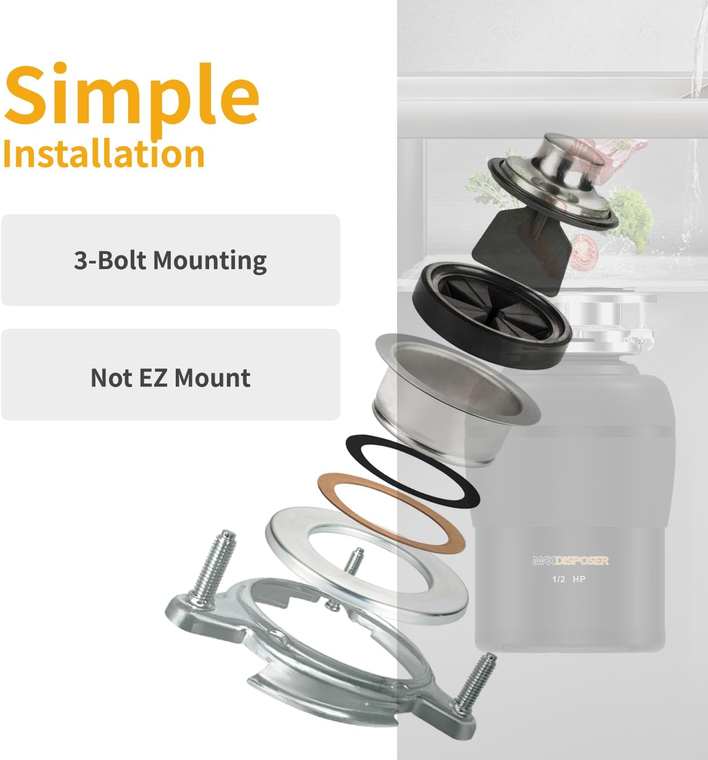 Garbage Disposal 1/2 HP Easy install Quiet with Stopper Power Cord, Kitchen sink Food Waste