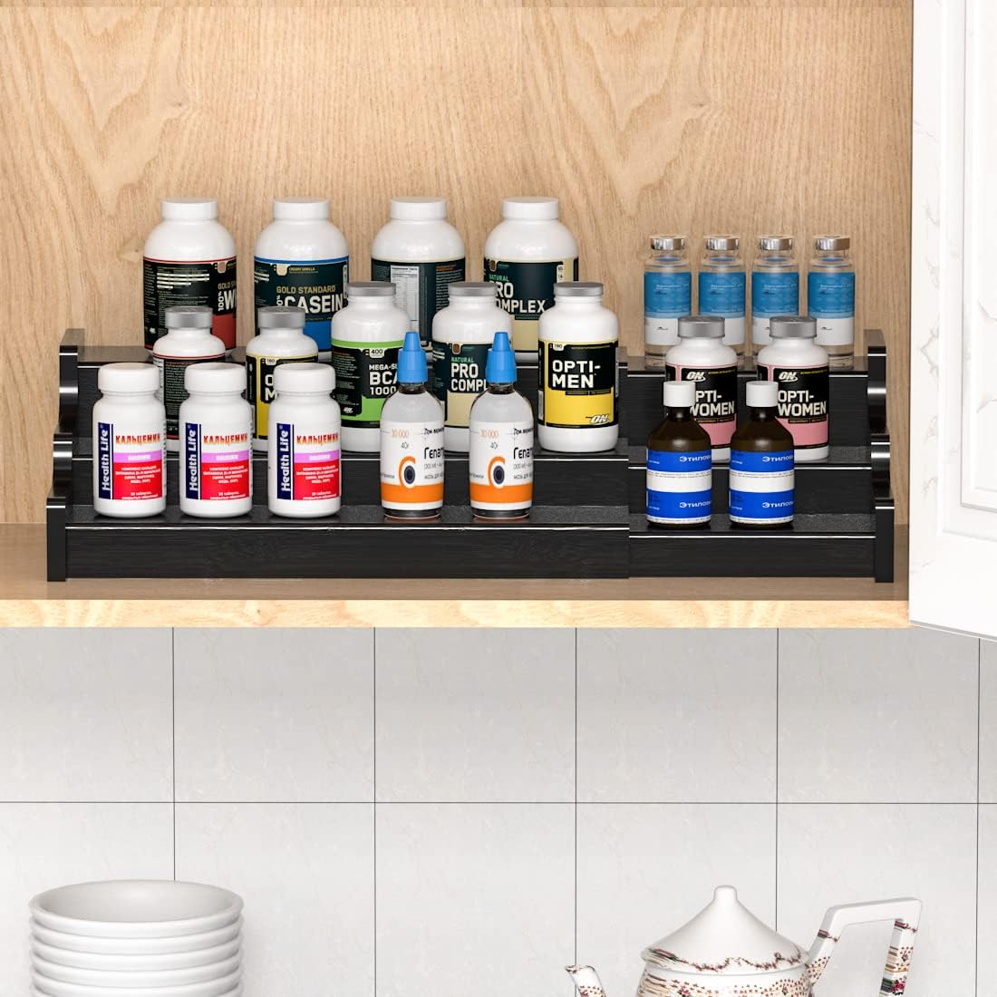 Spice Rack Organizer For Cabinet - 3 Tier Black Bamboo Wooden Expandable Display Shelf from 12.70