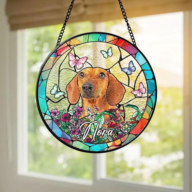 Personalized Stained Glass Window Hanging with Pet Name, Custom Memorial Gift for Dog Lovers