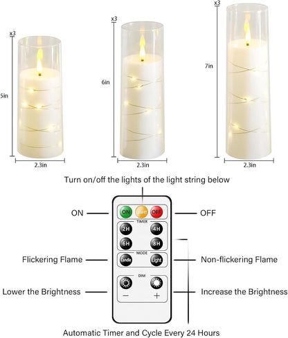 Flickering Flameless LED Candles, 9 Pcs with Embedded Star String, Acrylic LED Pillar Candles with