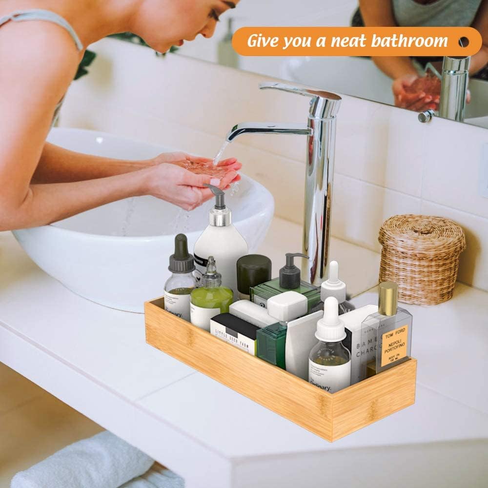 Bathroom Vanity Tray Organizer Bamboo, Small Wood Tray for Bathroom Counter Kicthen Drawer