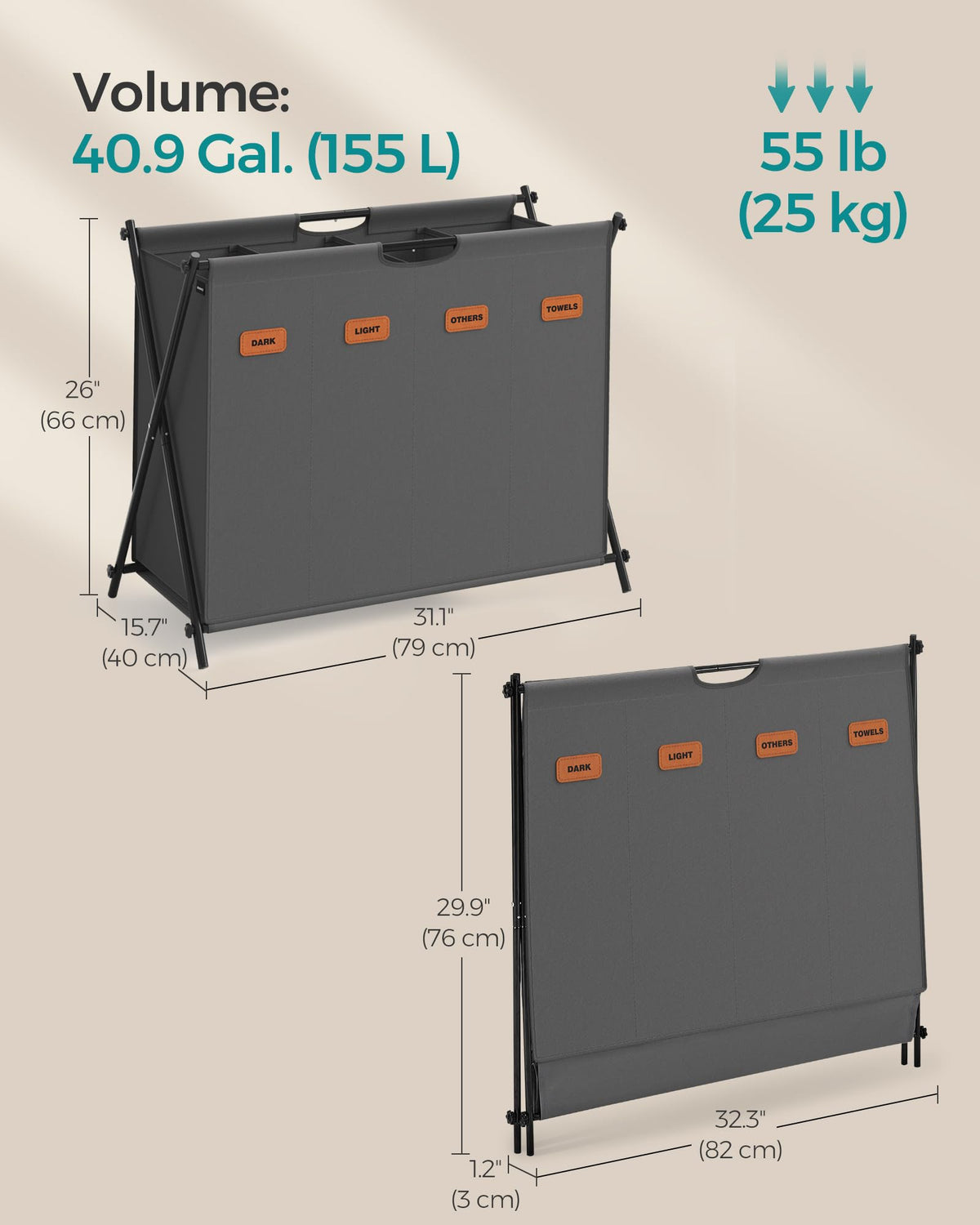 SONGMICS Laundry Hamper, Laundry Basket, 40.9 Gal. Laundry Sorter 4 Sections, Collapsible X-Frame