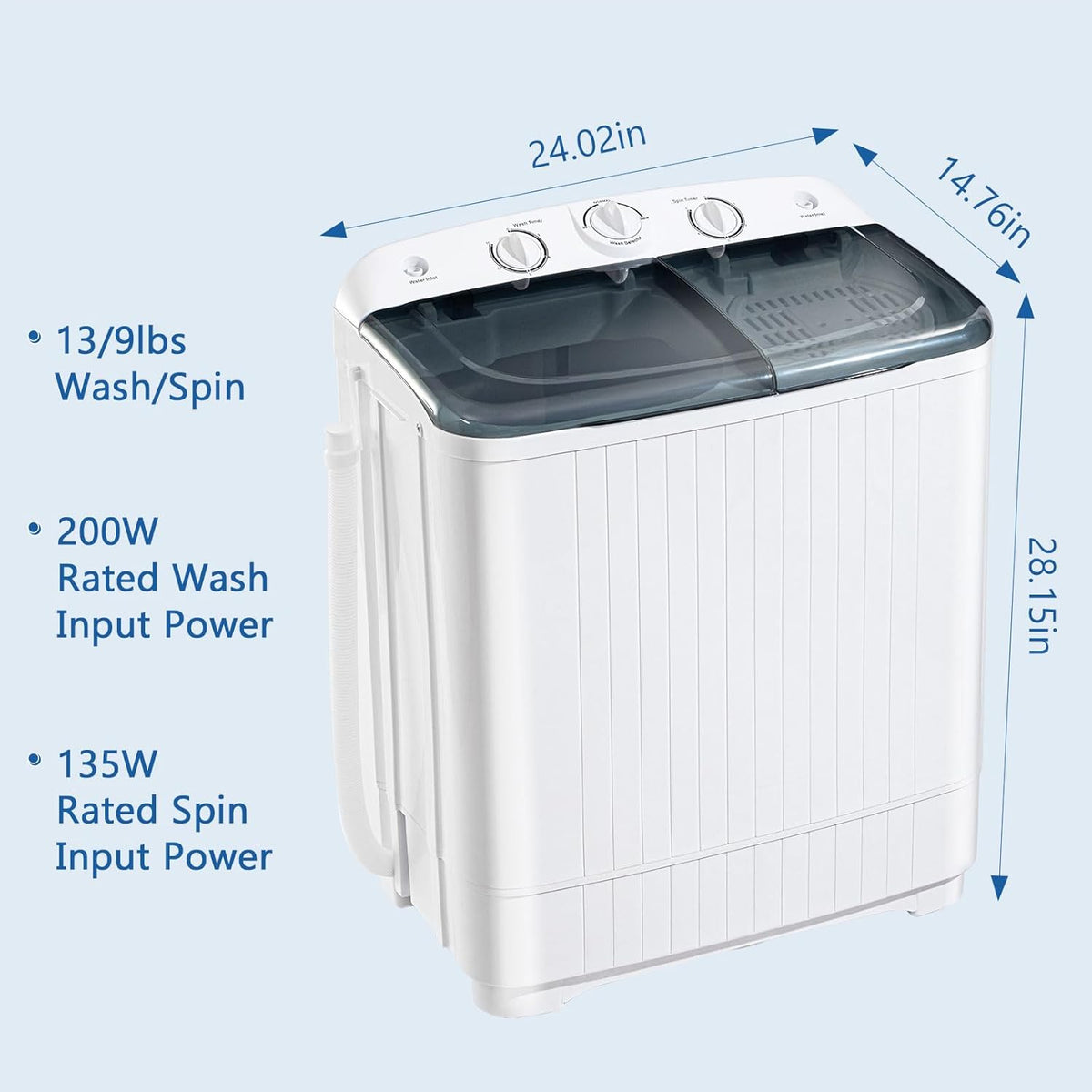 Portable Mini Twin Tub 22lbs Washing Machine With Drying Rack& 10 Hangers, 13lbs Washer & 9lbs