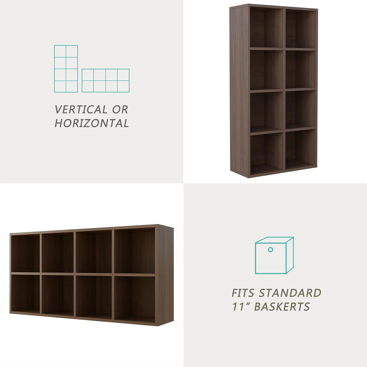 8-Cube Storage Shelf Bookcase - Wooden 4-Tier Floor Standing Open Bookshelf for Home and Office