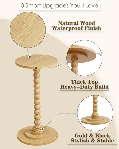 Masupu Round Side Table, Small End Table for Small Spaces, Pedestal Drink Table with Solid Wood Leg
