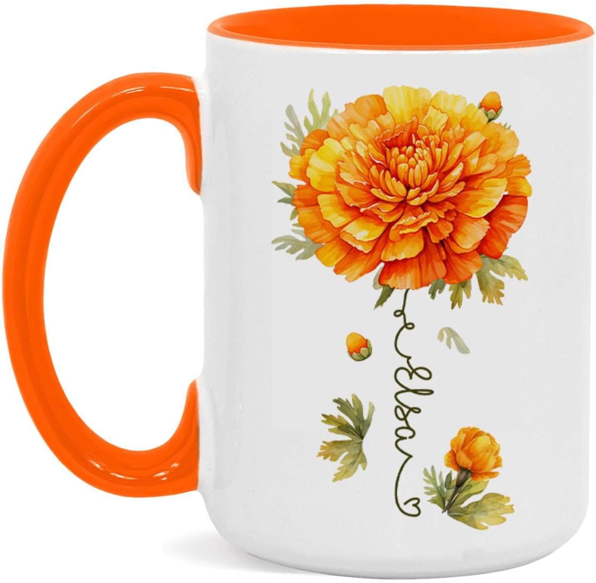 Unique Marigold Themed Ceramic Mug, Personalized Name Flower Accent Cup, Lovely Floral Coffee Mug