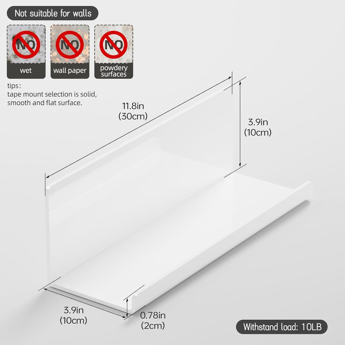 Acrylic Wall Floating Shelves Set of 2, Wall Shelves White 12 Inch Adhesive Wall Organizer Adhesive